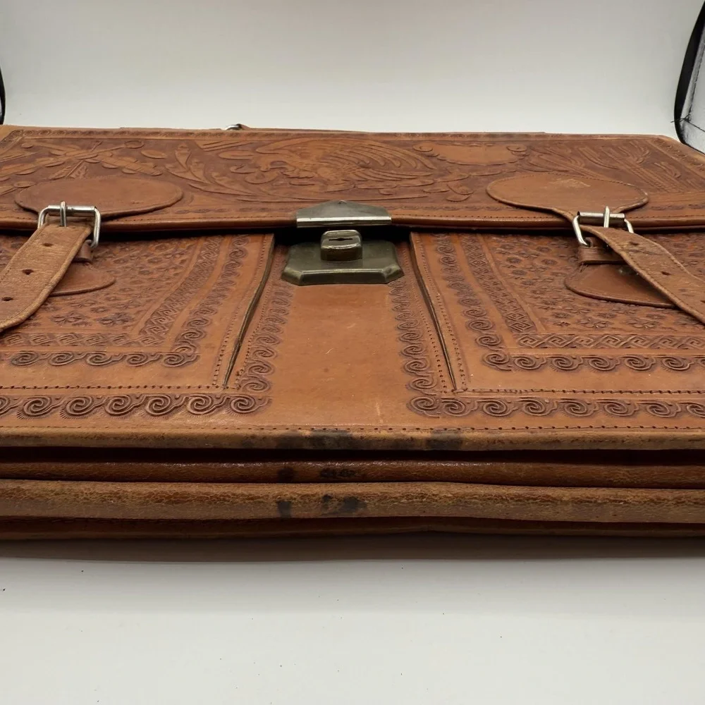 Vintage House of Uppenheim Tooled Leather Briefcase Brown Aztec Eagle Mexico Bag